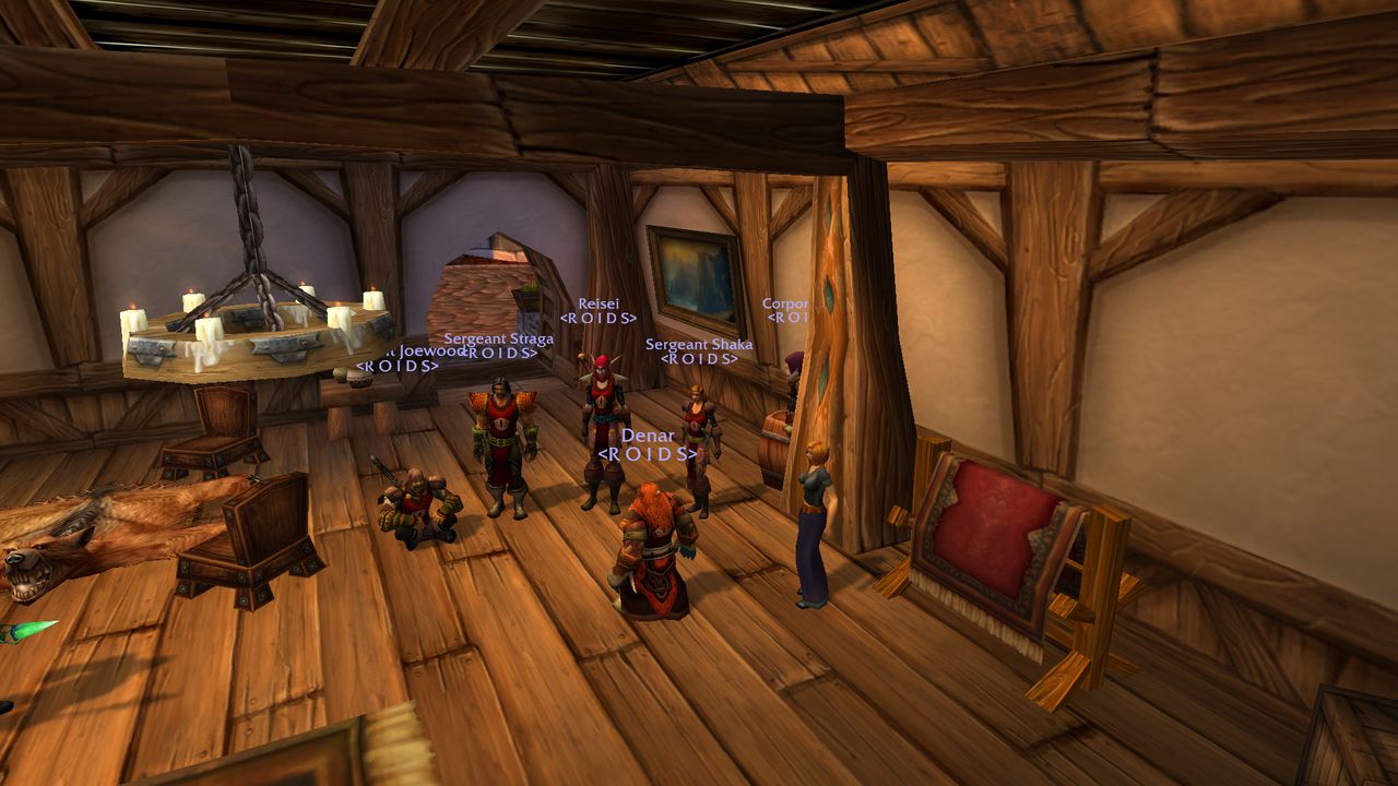 Seven of us at the tabard vendor in a tavern, the tabard on the rack beside her